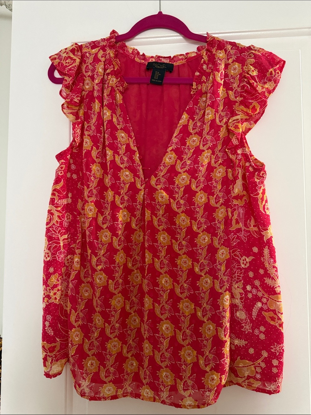 RACHEL Rachel Roy Pink and Yellow Floral V-Neck Ruffle Sleeve Blouse